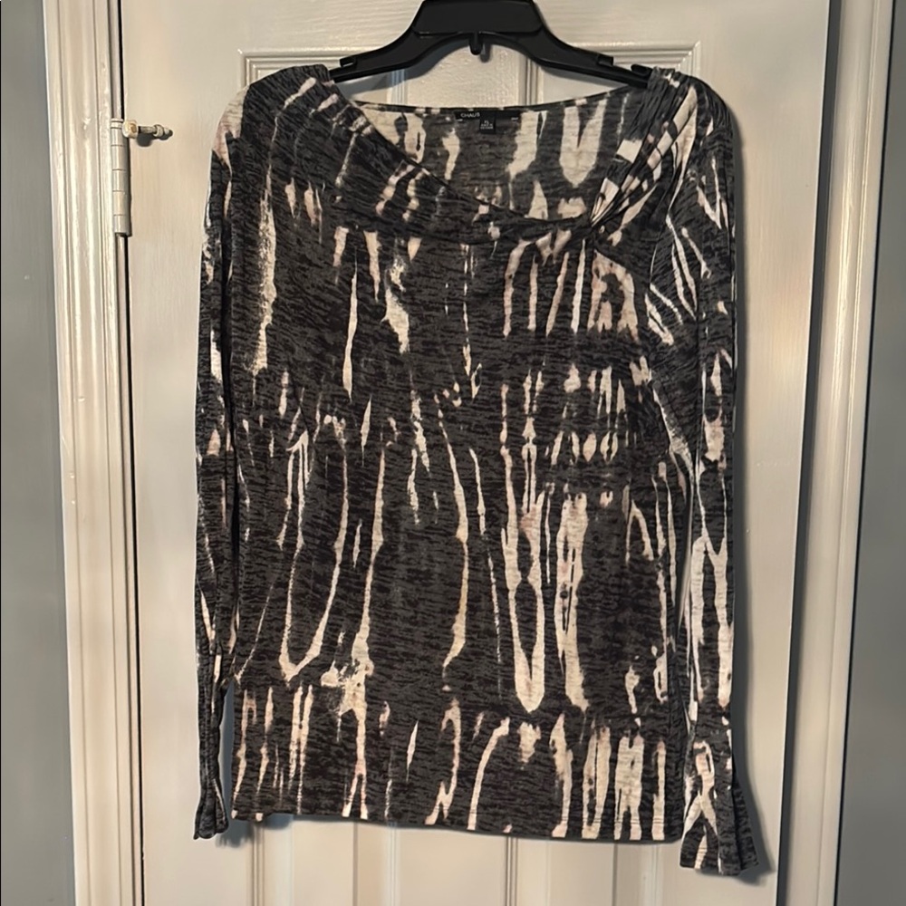 Chaus Black Gray & White Long Sleeve Top with Fancy Neckline